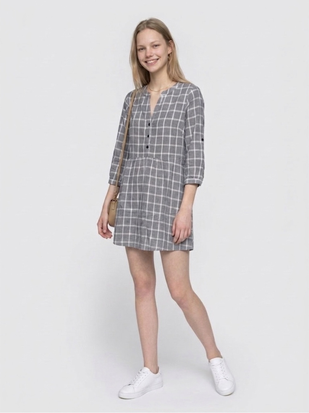 ILLA ILLA Gray Windowpane Plaid Mini Dress | Empire Waist | Size Small | NWOT